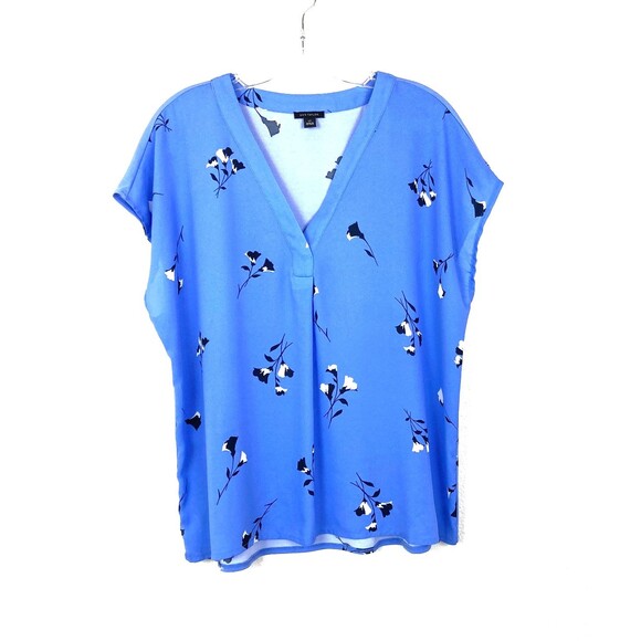 Ann Taylor Tunic Top Petite Size LP Blue Floral Cap Sleeve Office Business - Picture 1 of 5